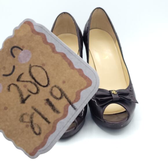 Lauren Ralph Lauren brown peep toe heels leather kitten women's size 8.5 - Picture 8 of 9